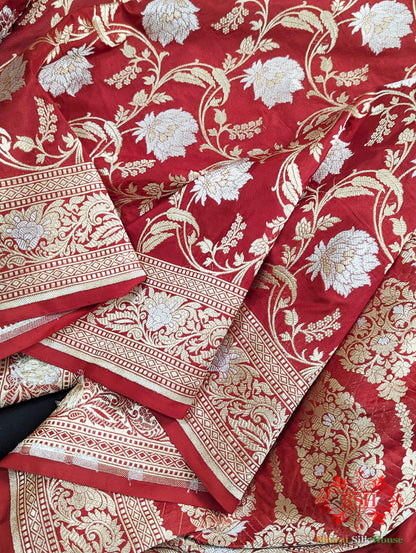 Handloom Banarasi Pure Katan Silk Opara Sona Rupa Dual Zari Saree Floral Jaal In Shades Of Red - Bharat Silk House