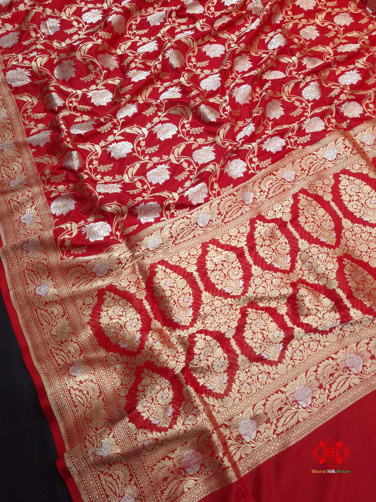 Handloom Banarasi Pure Katan Silk Opara Sona Rupa Dual Zari Saree Floral Jaal In Shades Of Red - Bharat Silk House