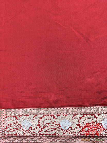 Handloom Banarasi Pure Katan Silk Opara Sona Rupa Dual Zari Saree Floral Jaal In Shades Of Red - Bharat Silk House