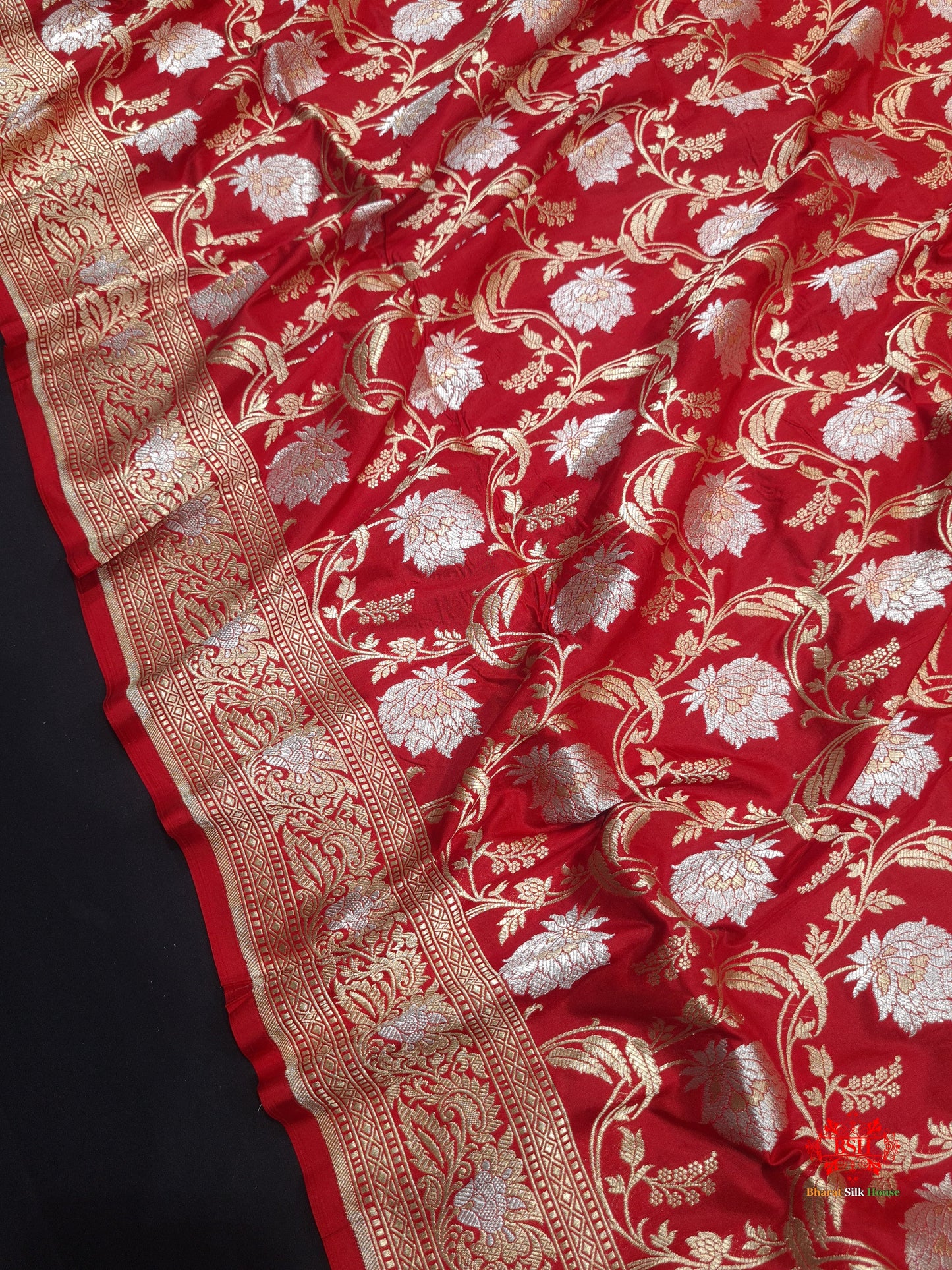 Handloom Banarasi Pure Katan Silk Opara Sona Rupa Dual Zari Saree Floral Jaal In Shades Of Red - Bharat Silk House