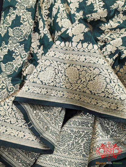 Handloom Banarasi Pure Katan Silk Opara With Floral Jaal In Shades Of Green - Bharat Silk House