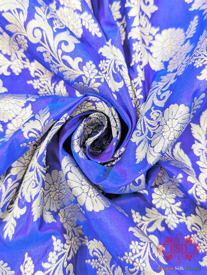 Handloom Banarasi Pure Katan Silk Opara With Floral Jaal In Shades Of Violet Blue - Bharat Silk House