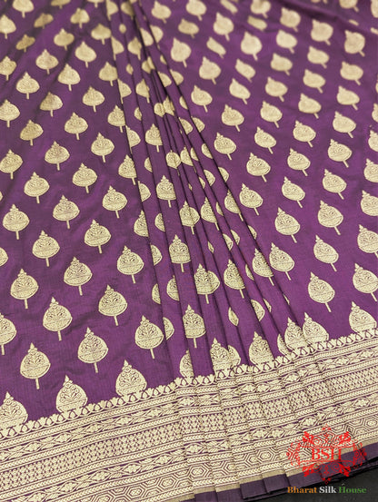 Handloom Banarasi Pure Katan Silk Saree Floral Booti In Shades Of Plum - Bharat Silk House