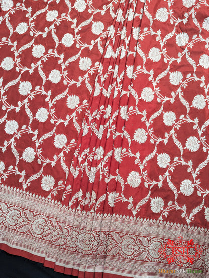 Handloom Banarasi Pure Katan Silk Saree Floral Jaal In Shades Of Red - Bharat Silk House