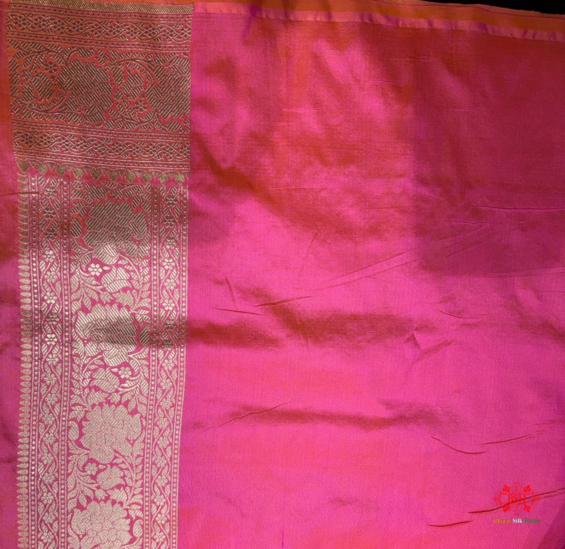 Handloom Banarasi Pure Katan Silk Zigzag Pattern In Cross Shades Of Pink/Orange - Bharat Silk House katan silk