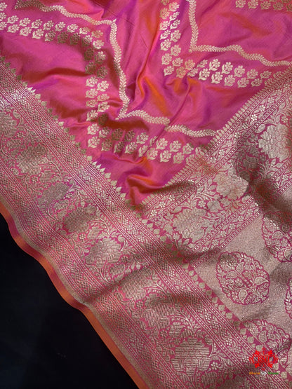 Handloom Banarasi Pure Katan Silk Zigzag Pattern In Cross Shades Of Pink/Orange - Bharat Silk House katan silk