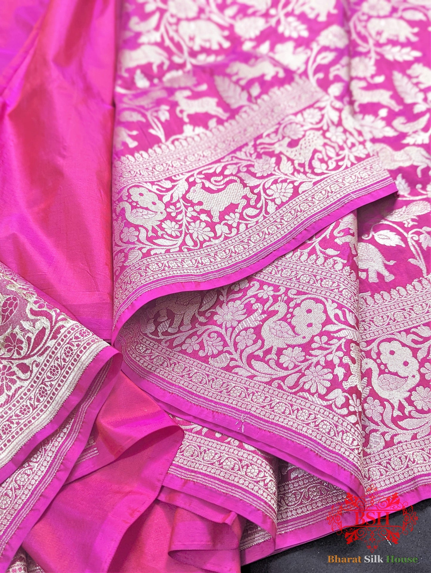 Handloom Banarasi Shikargah Kataan Silk Saree In Shades Of Pink - Bharat Silk House