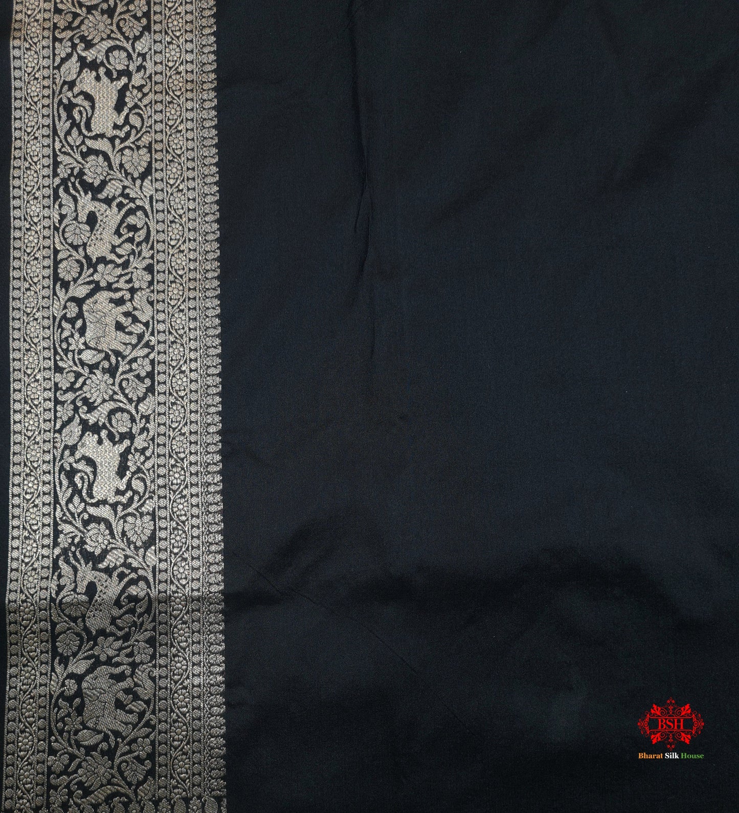 Handloom Banarasi Shikargah Katan Silk Saree In Shades Of Black - Bharat Silk House