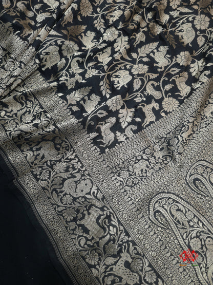 Handloom Banarasi Shikargah Katan Silk Saree In Shades Of Black - Bharat Silk House