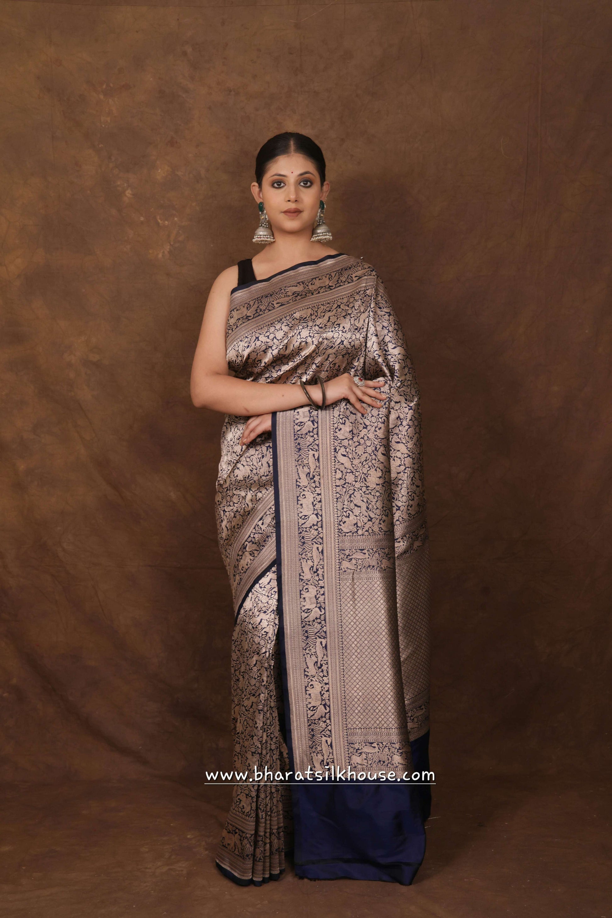 Handloom Banarasi Shikargah Katan Silk Saree In Shades Of Blue - Bharat Silk House