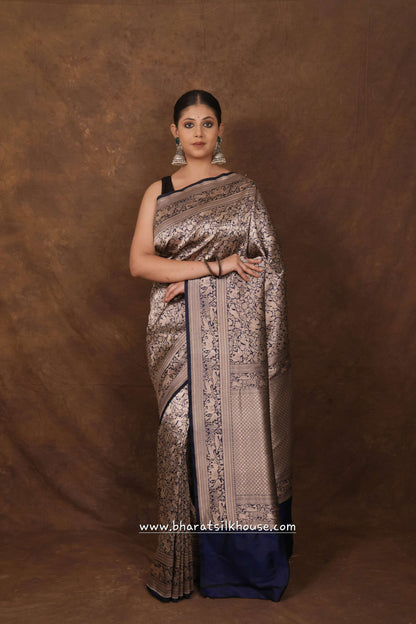 Handloom Banarasi Shikargah Katan Silk Saree In Shades Of Blue - Bharat Silk House