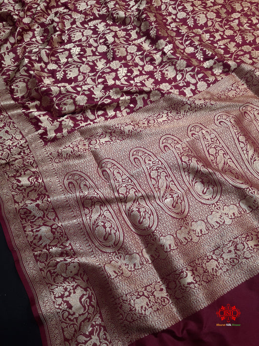 Handloom Banarasi Shikargah Katan Silk Saree In Shades Of Garnet - Bharat Silk House