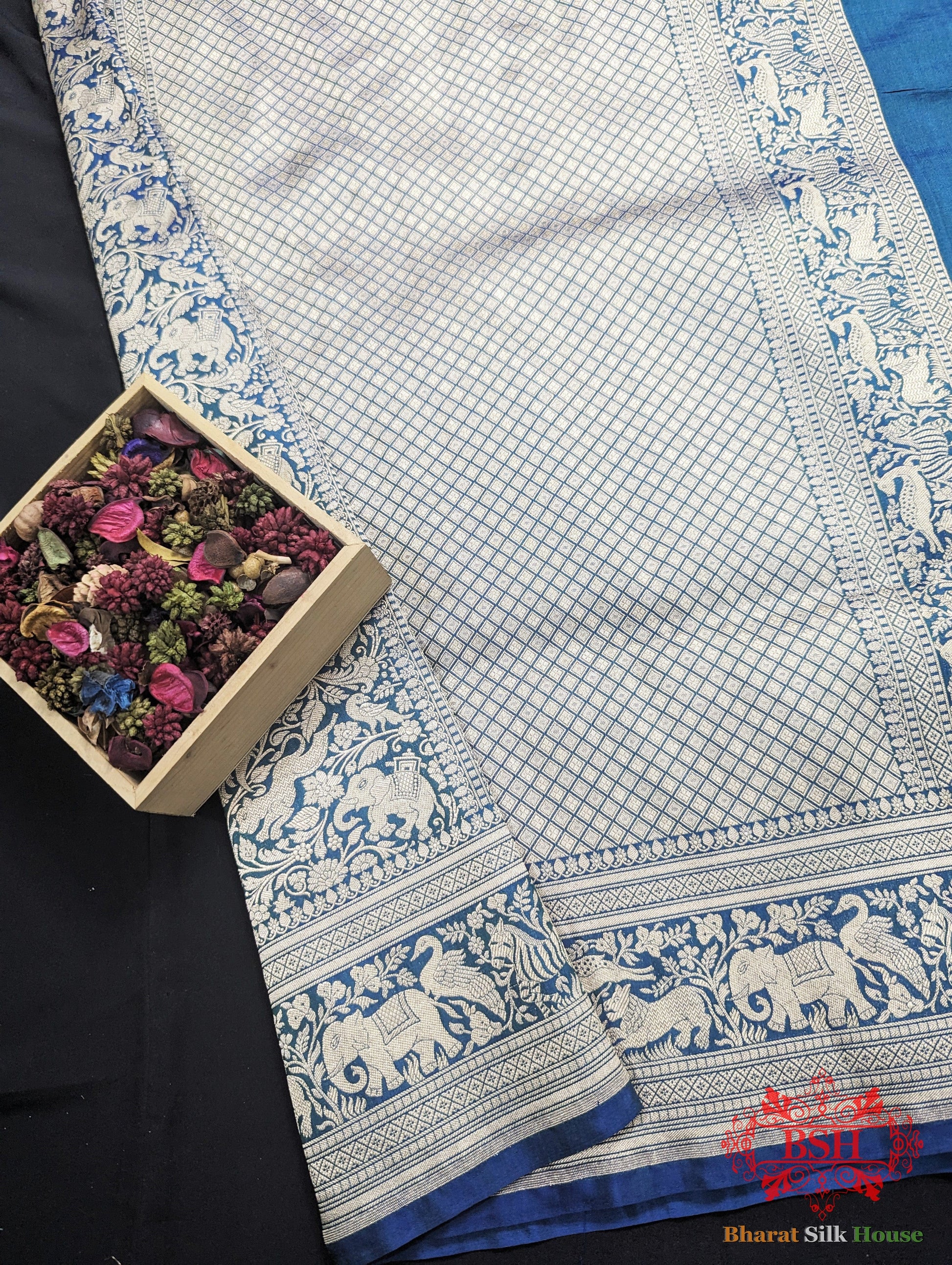 Handloom Banarasi Shikargah Katan Silk Saree In Shades Of Navy Blue - Bharat Silk House