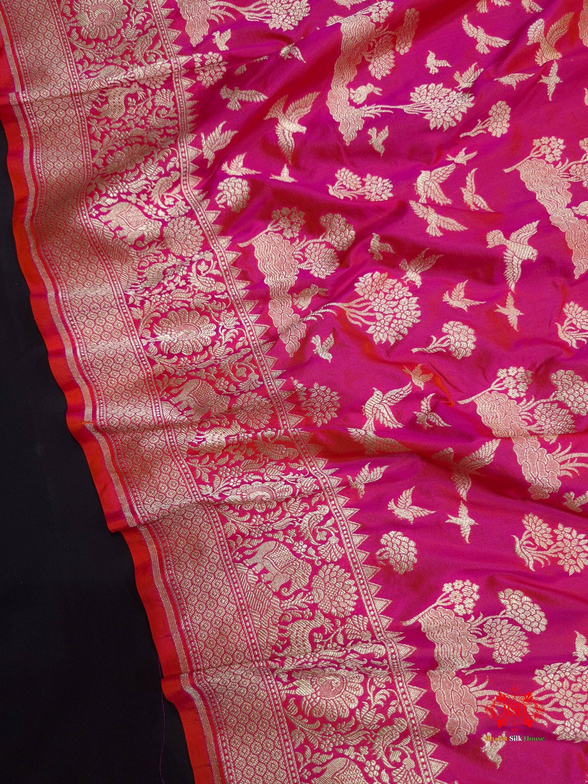 Handloom Banarasi Shikargah Katan Silk Saree In Shades Of Pink - Bharat Silk House