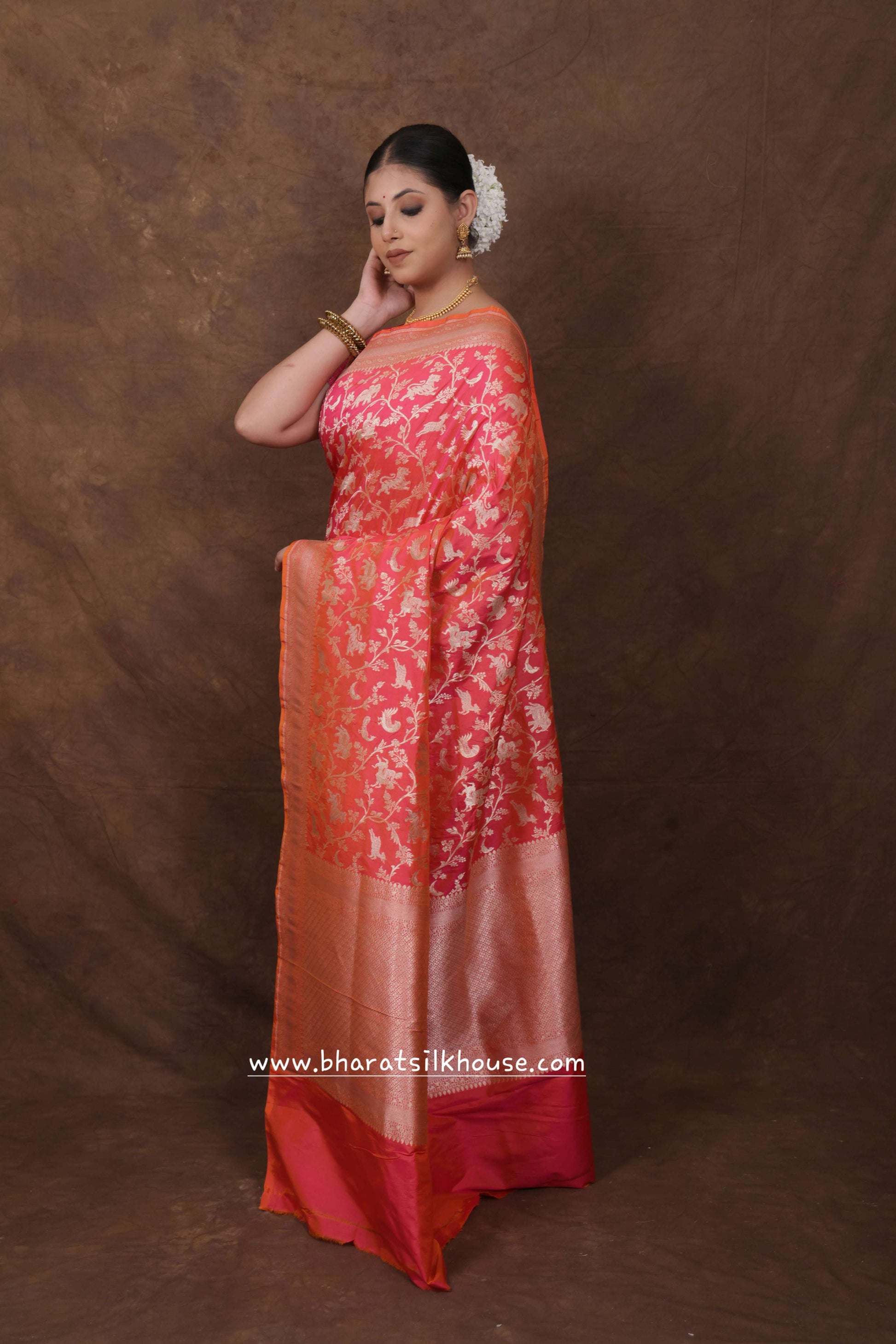 Handloom Banarasi Shikargah Katan Silk Saree In Shades Of Pink - Bharat Silk House