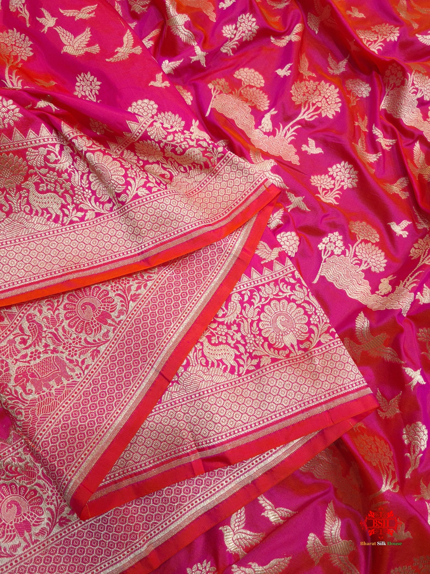 Handloom Banarasi Shikargah Katan Silk Saree In Shades Of Pink - Bharat Silk House