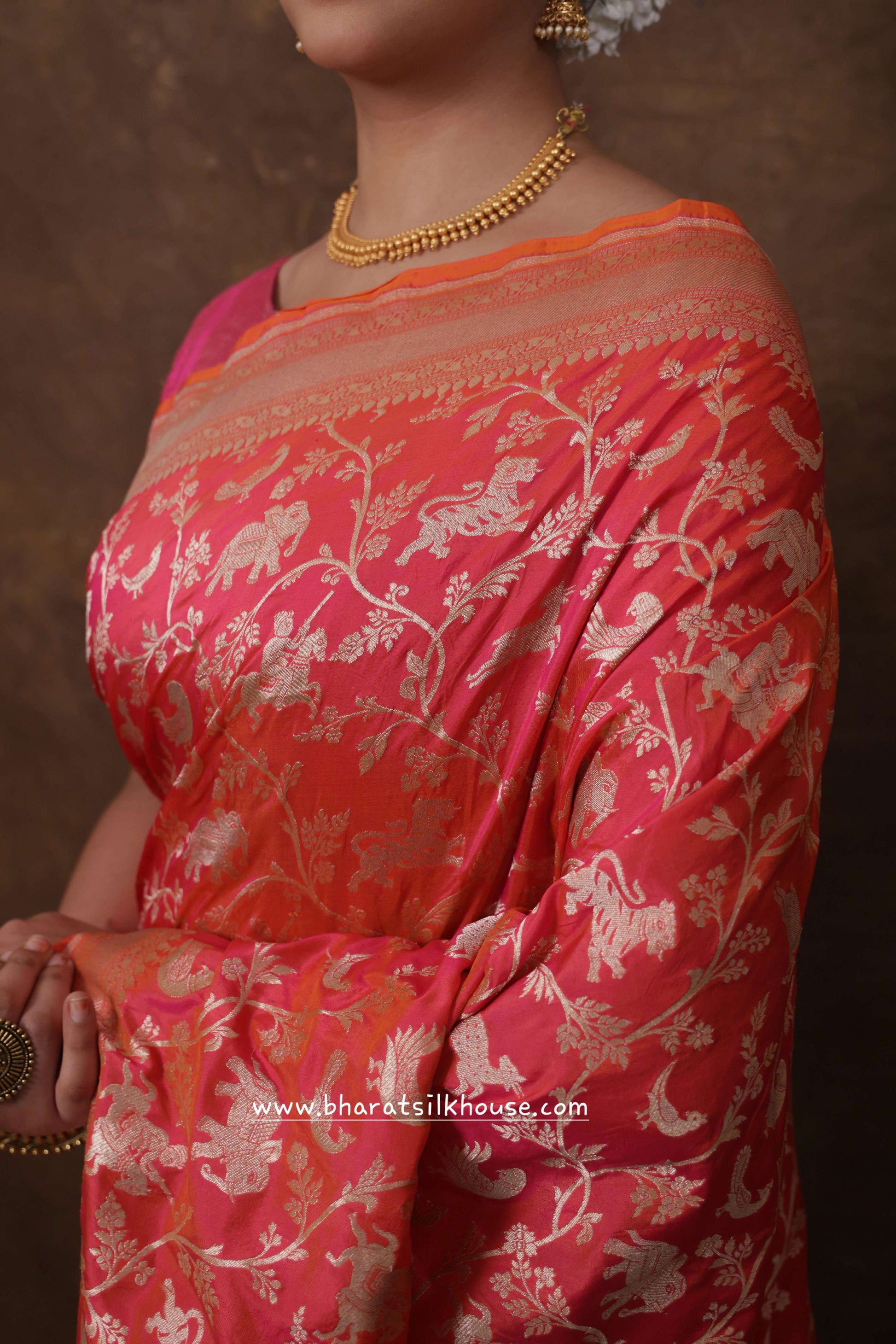 Handloom Banarasi Shikargah Katan Silk Saree In Shades Of Pink - Bharat Silk House