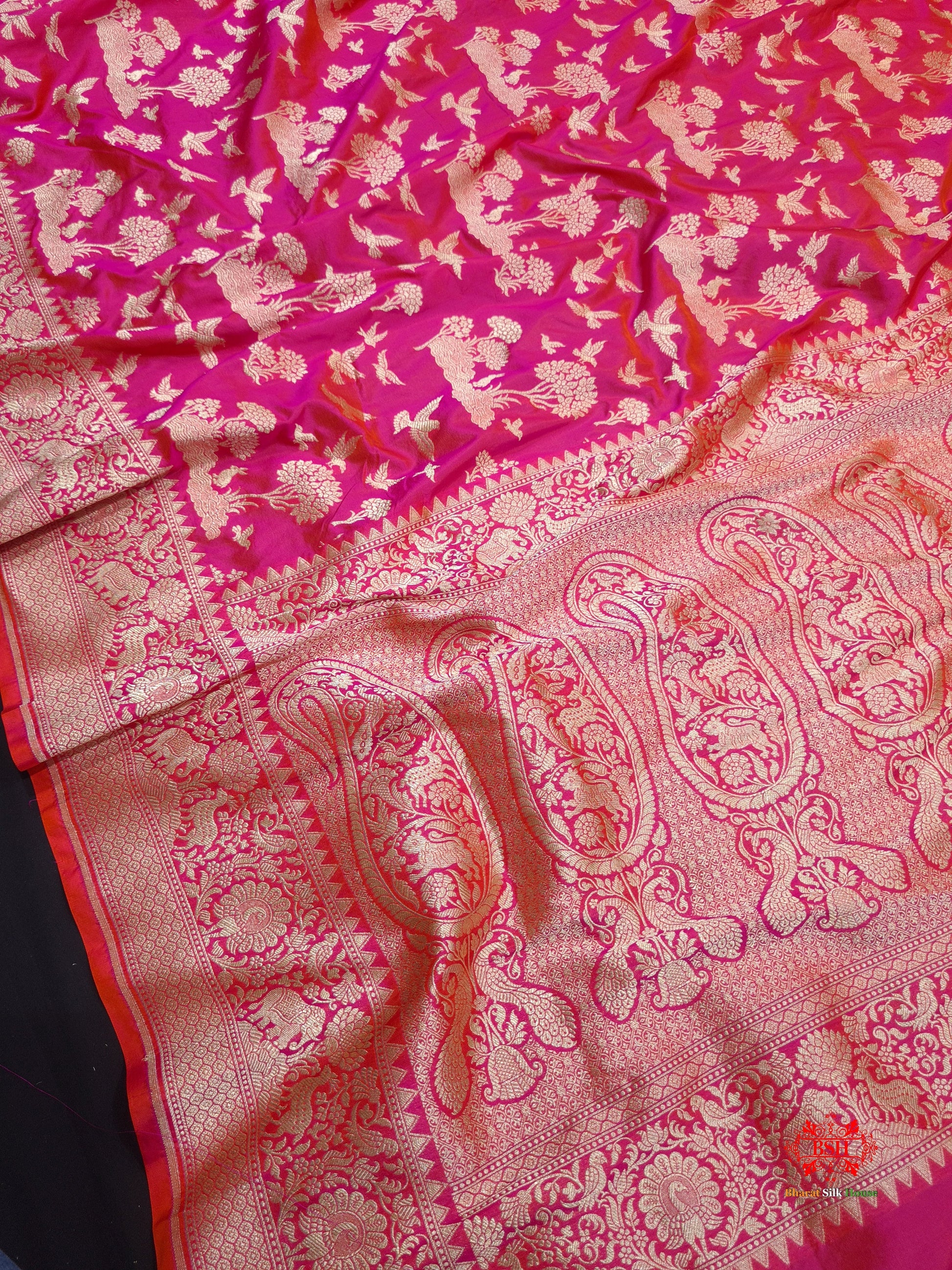 Handloom Banarasi Shikargah Katan Silk Saree In Shades Of Pink - Bharat Silk House