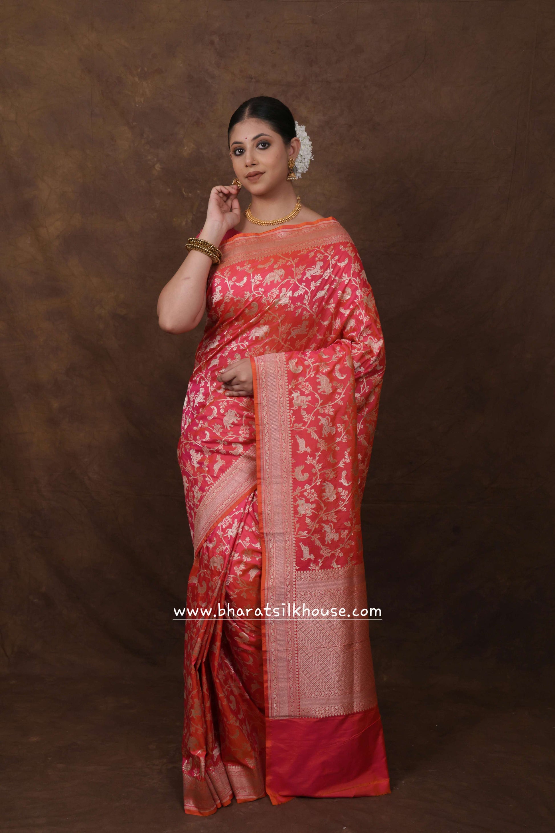 Handloom Banarasi Shikargah Katan Silk Saree In Shades Of Pink - Bharat Silk House