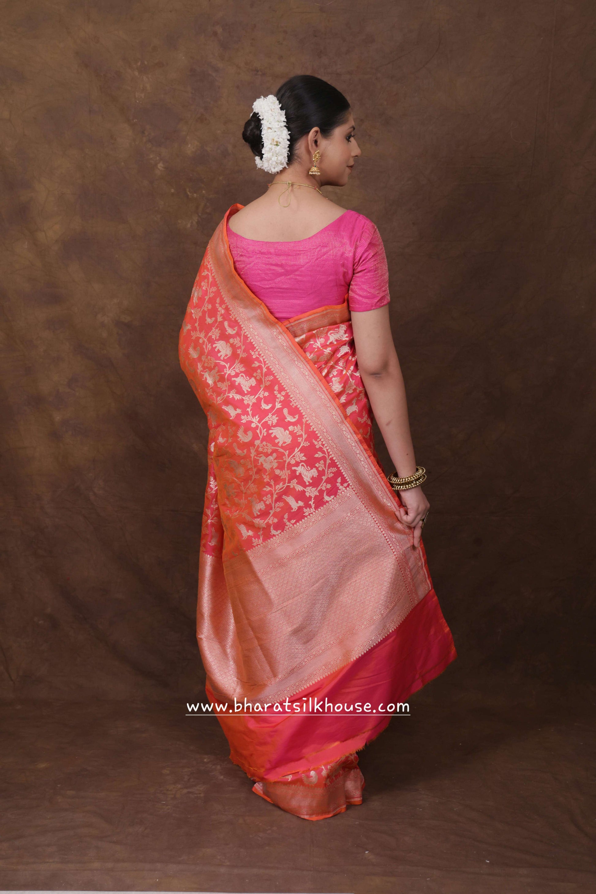 Handloom Banarasi Shikargah Katan Silk Saree In Shades Of Pink - Bharat Silk House