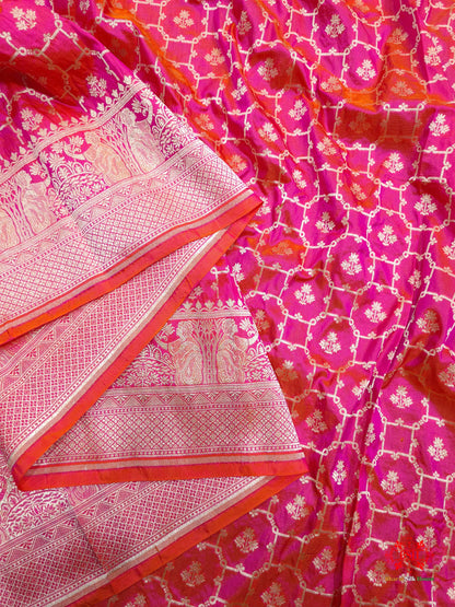 Handloom Banarasi Shikargah Katan Silk Saree In Shades Of Pink Cross Color - Bharat Silk House