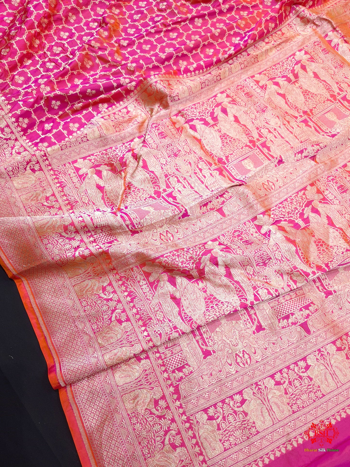 Handloom Banarasi Shikargah Katan Silk Saree In Shades Of Pink Cross Color - Bharat Silk House