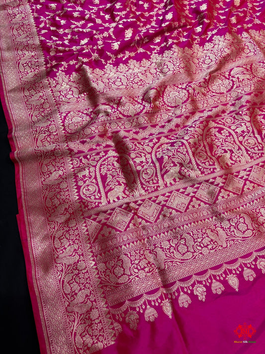 Handloom Banarasi Shikargah Katan Silk Saree In Shades Of Pink - Bharat Silk House Pure Kataan Silk