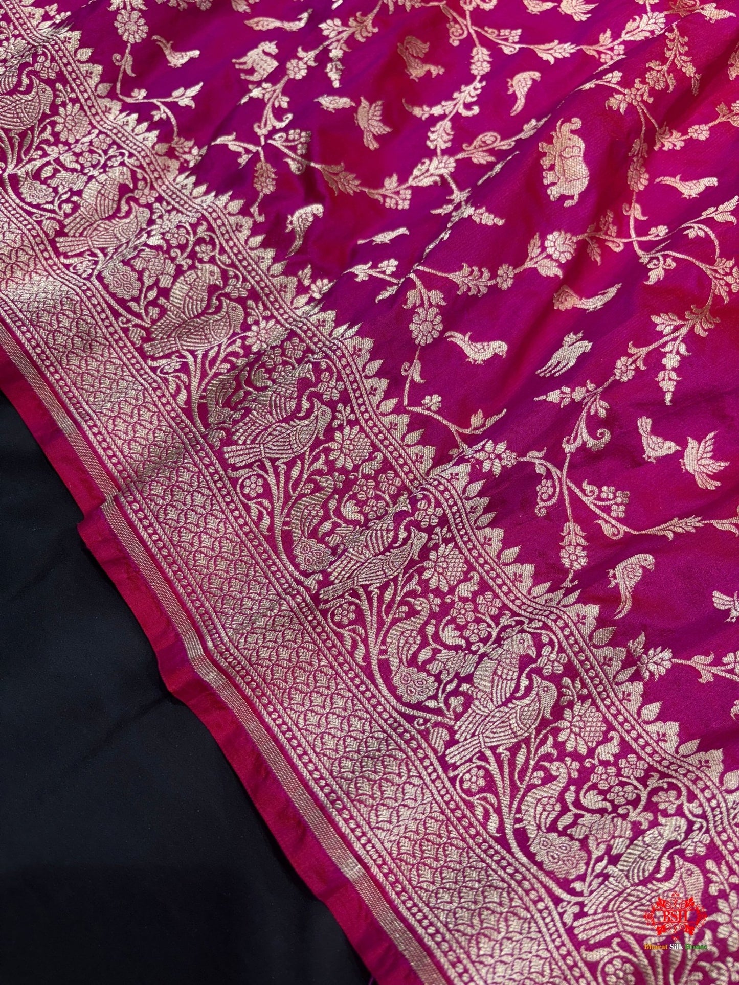 Handloom Banarasi Shikargah Katan Silk Saree In Shades Of Pink - Bharat Silk House Pure Kataan Silk