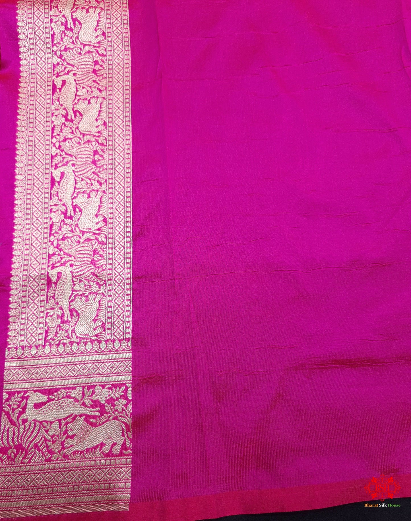 Handloom Banarasi Shikargah Katan Silk Saree In Shades Of Rani - Bharat Silk House