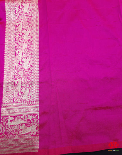 Handloom Banarasi Shikargah Katan Silk Saree In Shades Of Rani - Bharat Silk House