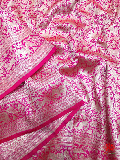 Handloom Banarasi Shikargah Katan Silk Saree In Shades Of Rani - Bharat Silk House