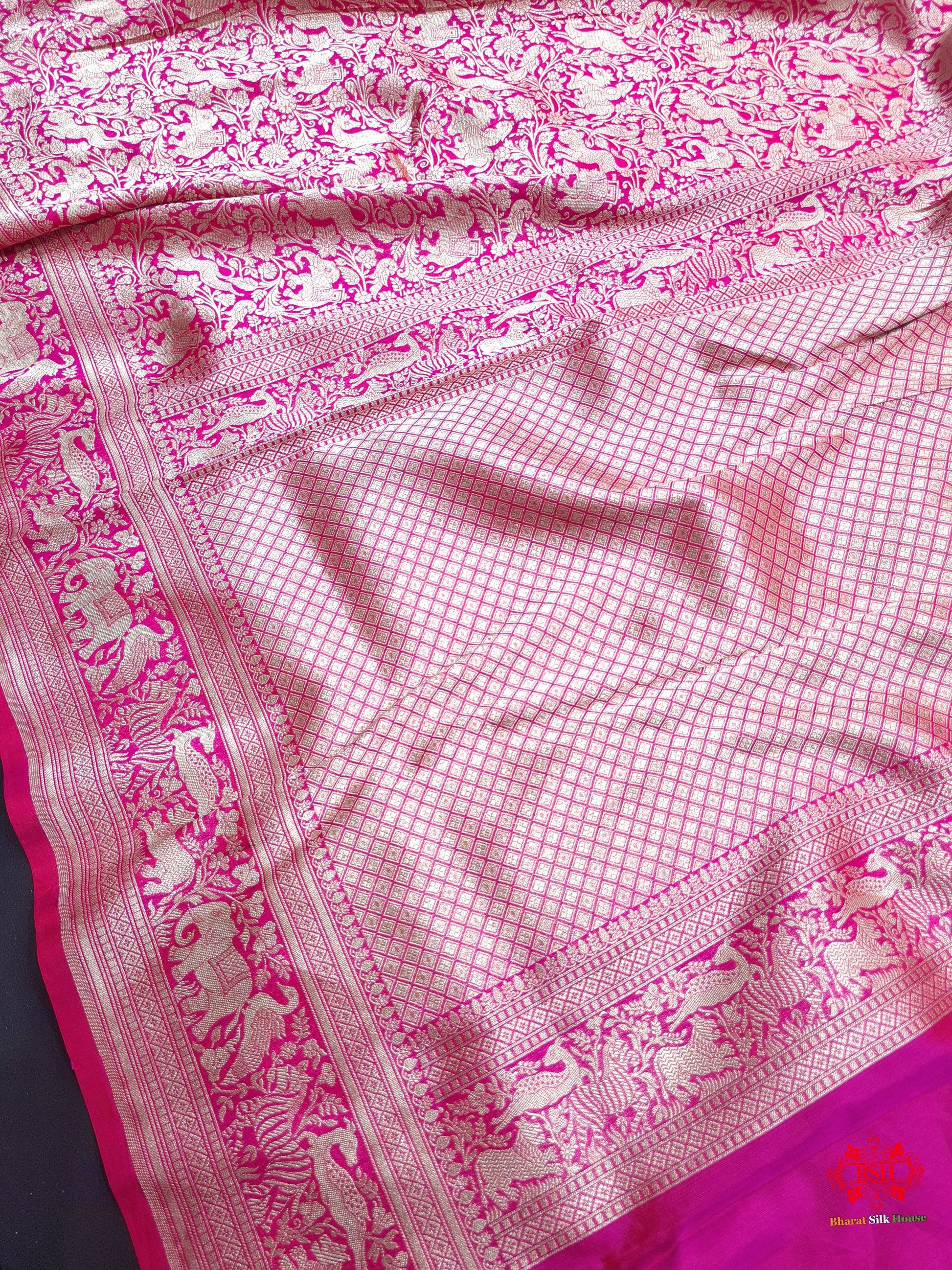 Handloom Banarasi Shikargah Katan Silk Saree In Shades Of Rani - Bharat Silk House