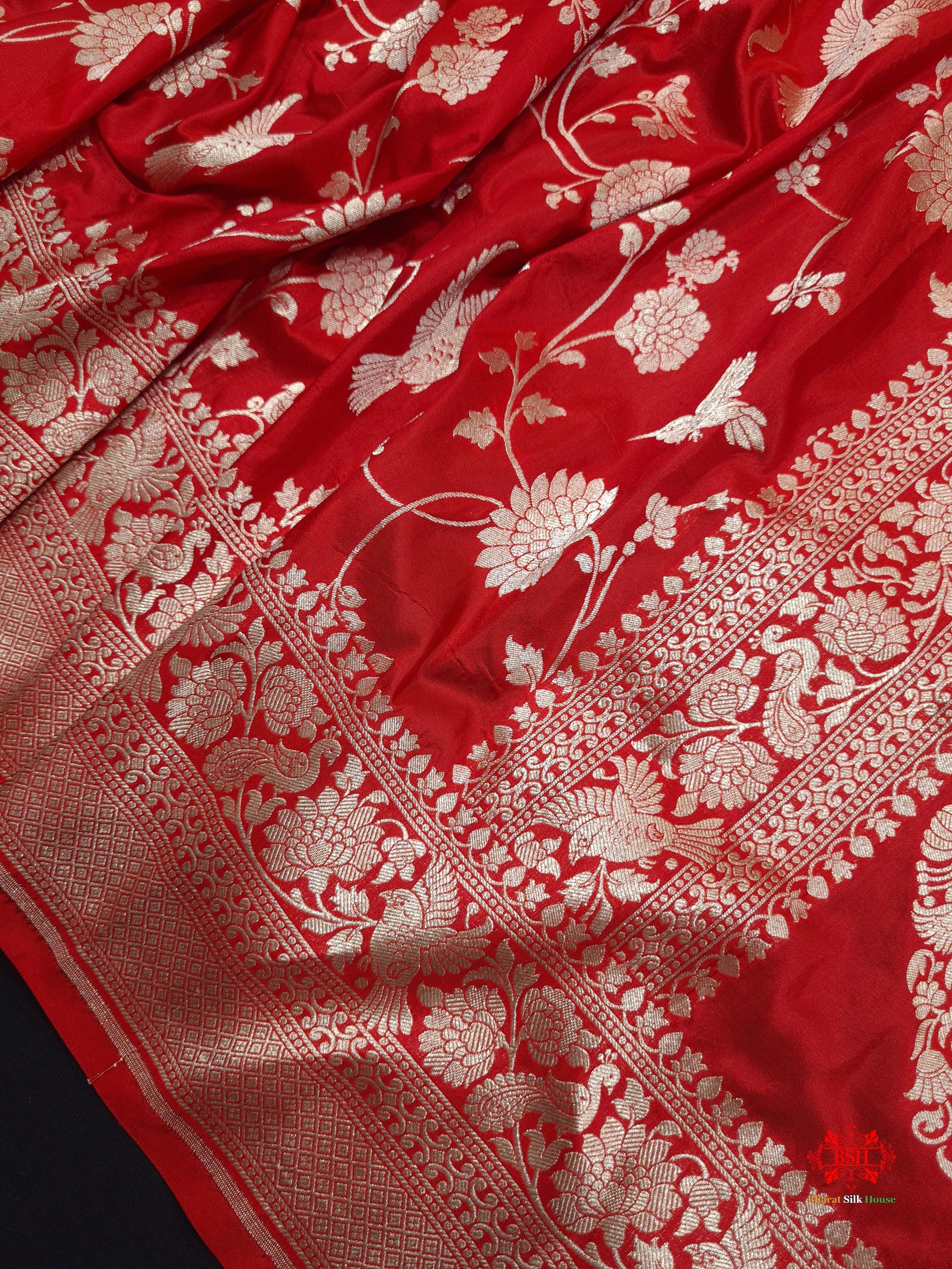 Handloom Banarasi Shikargah Katan Silk Saree In Shades Of Red - Bharat Silk House