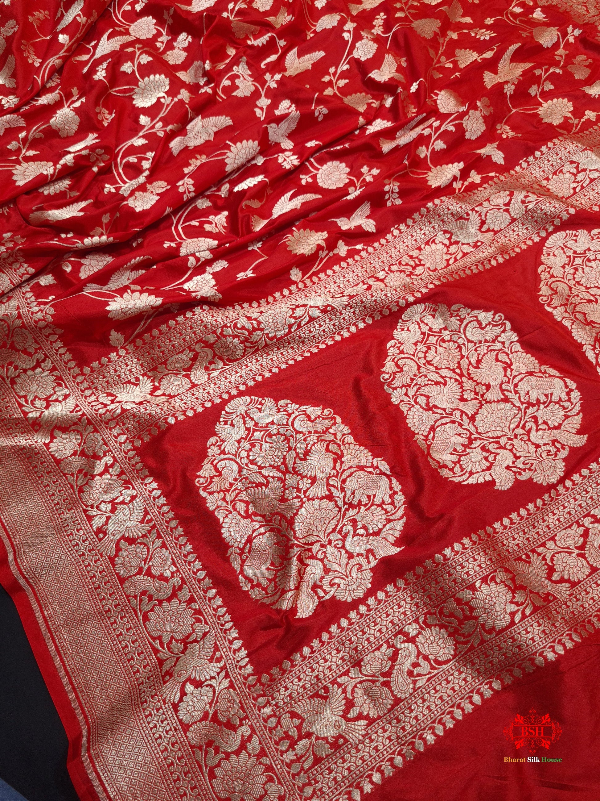 Handloom Banarasi Shikargah Katan Silk Saree In Shades Of Red - Bharat Silk House