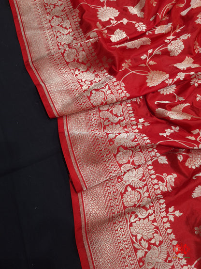 Handloom Banarasi Shikargah Katan Silk Saree In Shades Of Red - Bharat Silk House