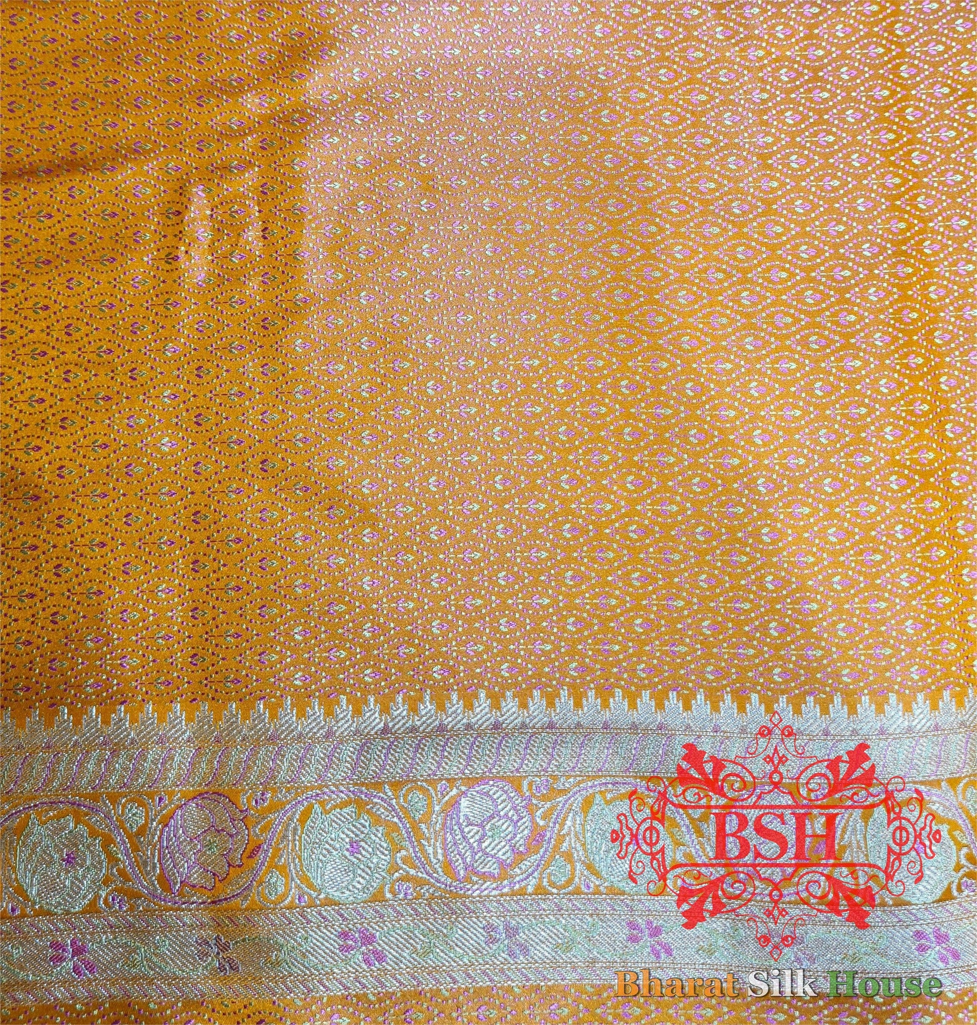 Honey Shades Of Yellow Dohri Resham Zari Booti Tanchoi Silk Saree - Bharat Silk House