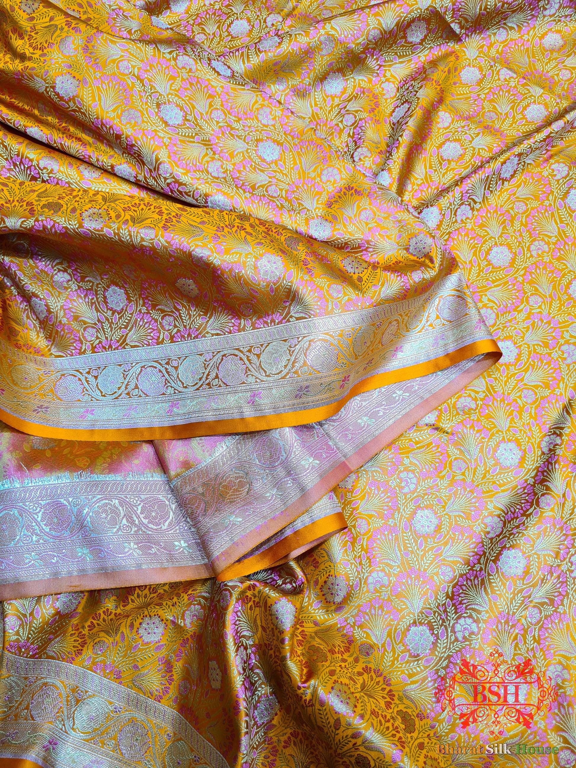 Honey Shades Of Yellow Dohri Resham Zari Booti Tanchoi Silk Saree - Bharat Silk House