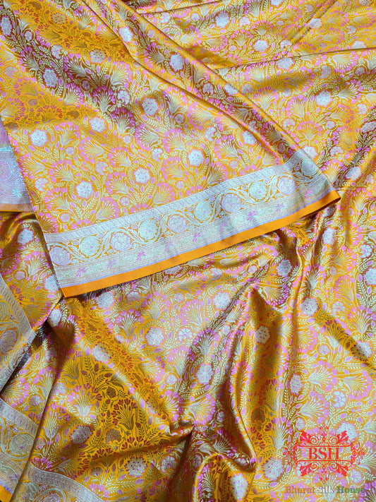 Honey Shades Of Yellow Dohri Resham Zari Booti Tanchoi Silk Saree - Bharat Silk House