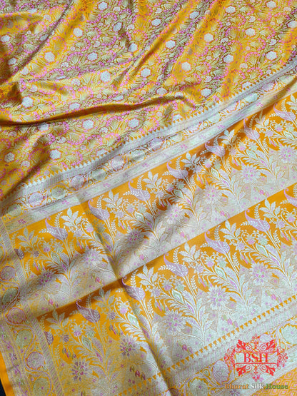 Honey Shades Of Yellow Dohri Resham Zari Booti Tanchoi Silk Saree - Bharat Silk House