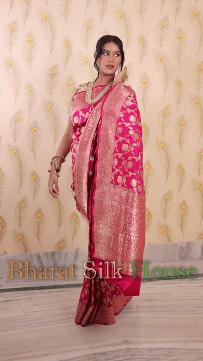 Hot Pink Opara Silk Banarasi Handloom Saree - Bharat Silk House