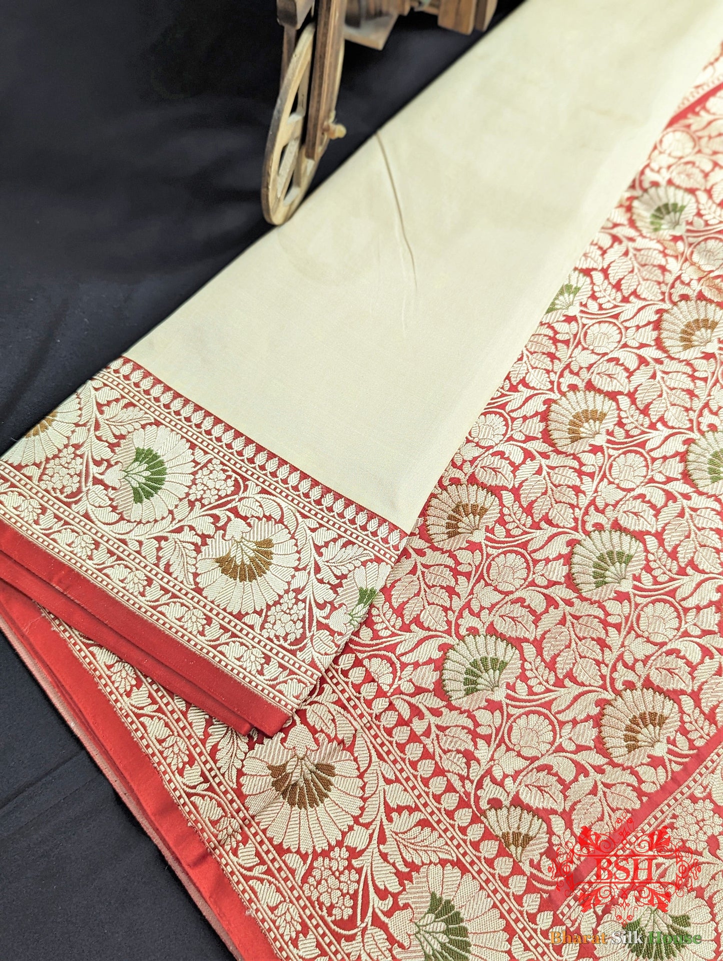 Ivory Pure Katan Silk Banarasi Handloom Saree - Bharat Silk House