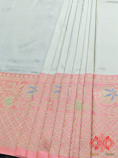 Ivory Pure Katan Silk Banarasi Handloom Saree - Bharat Silk House