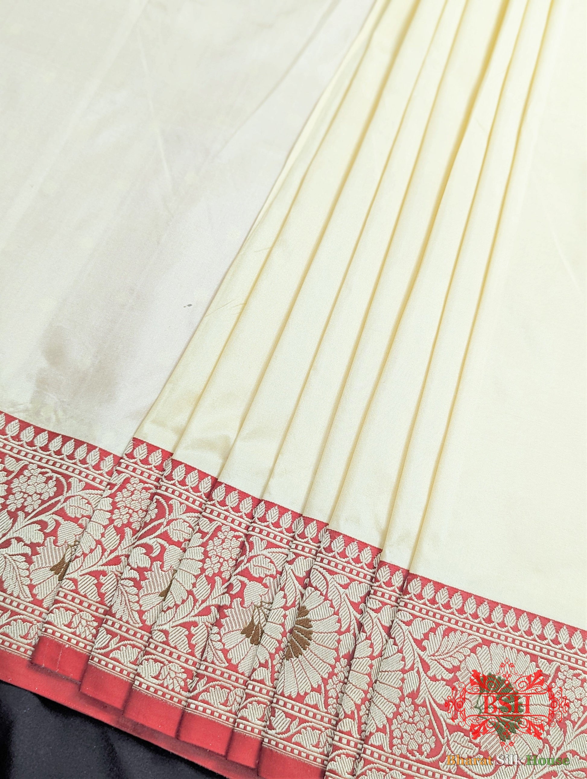 Ivory Pure Katan Silk Banarasi Handloom Saree - Bharat Silk House