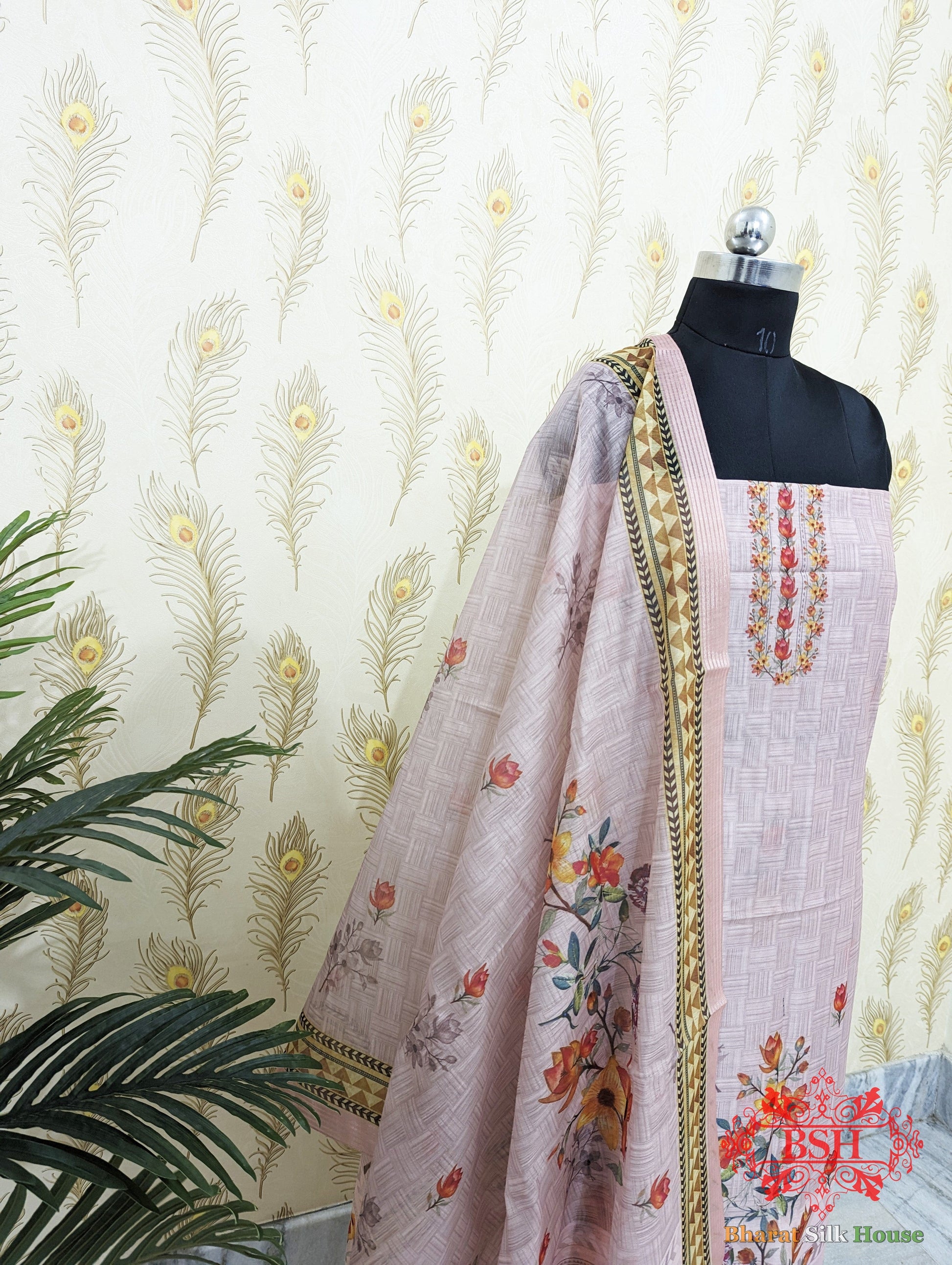 Light Pink Digital Print Cotton Suit Piece - Bharat Silk House