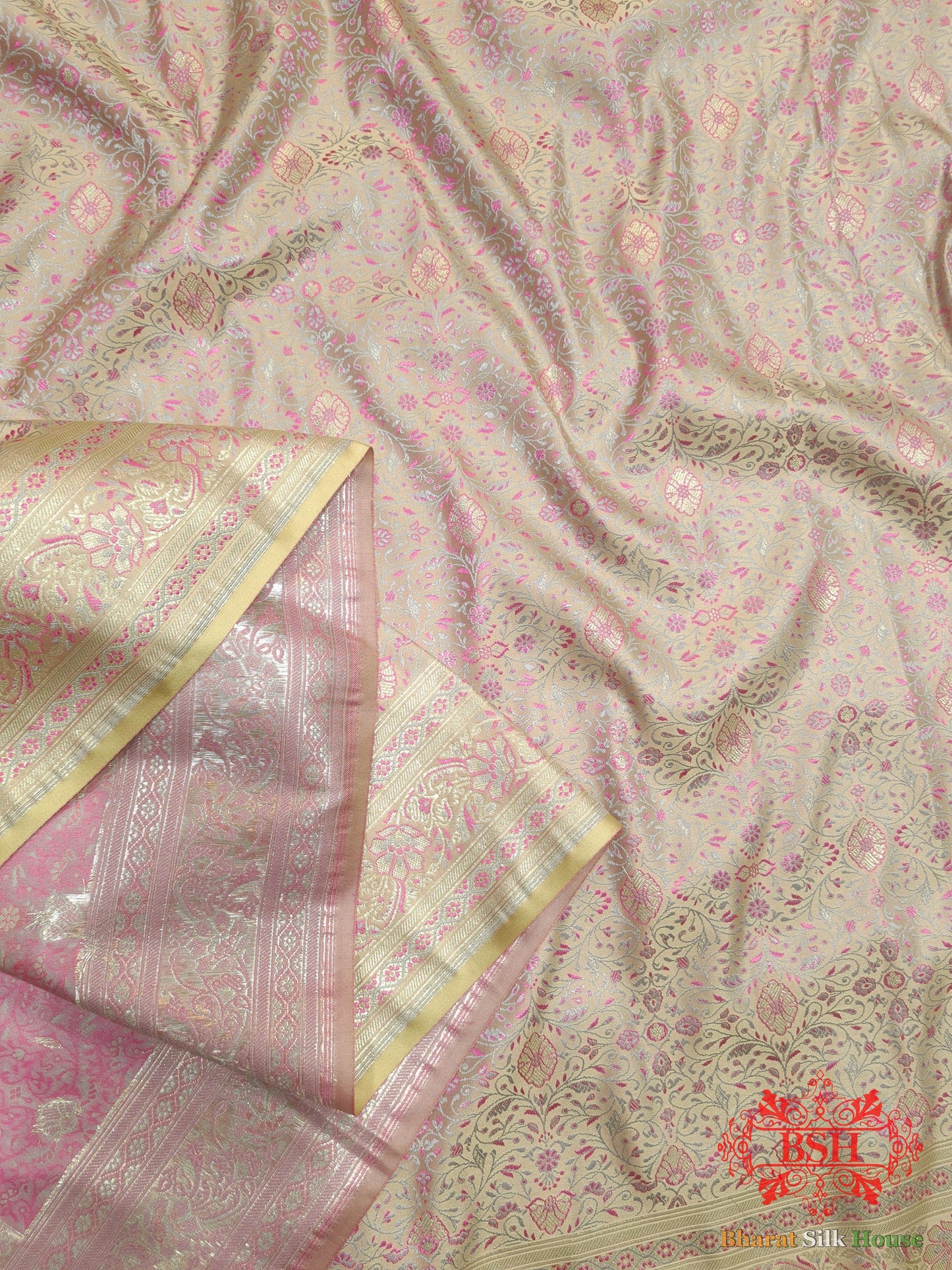 Light Pink Dohri Resham Zari Booti Tanchoi Silk Saree - Bharat Silk House