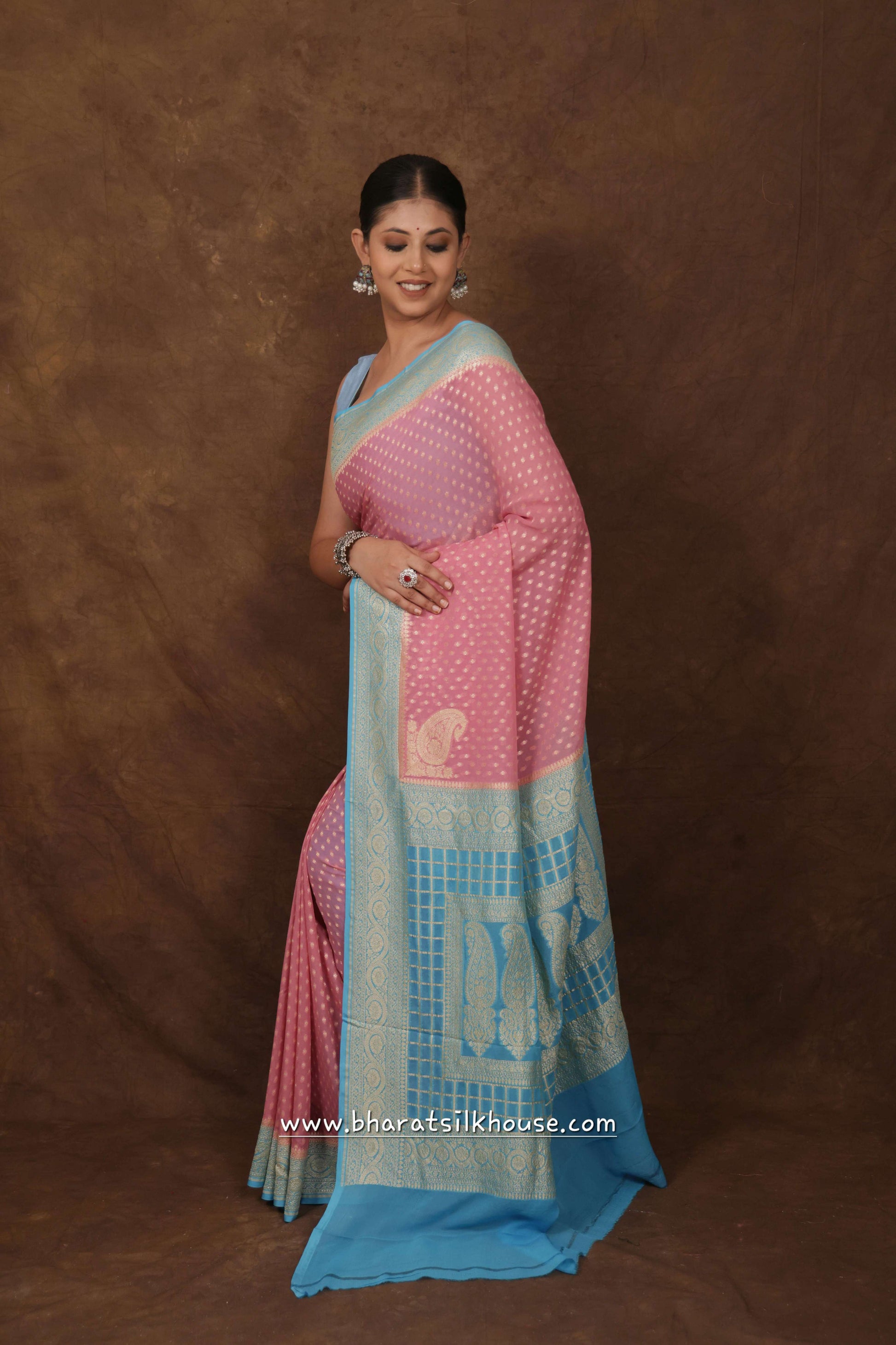 Light Pink Pure Chiffon All Over Booti Saree - Bharat Silk House