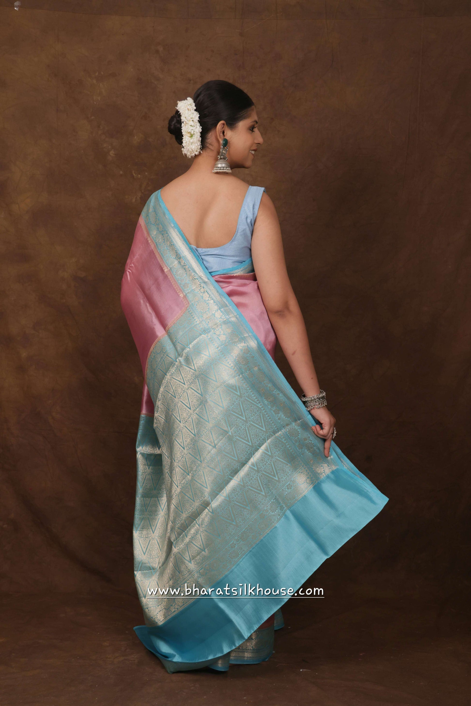 Light Pink With Blue Border Pure Dupion Silk Saree - Bharat Silk House