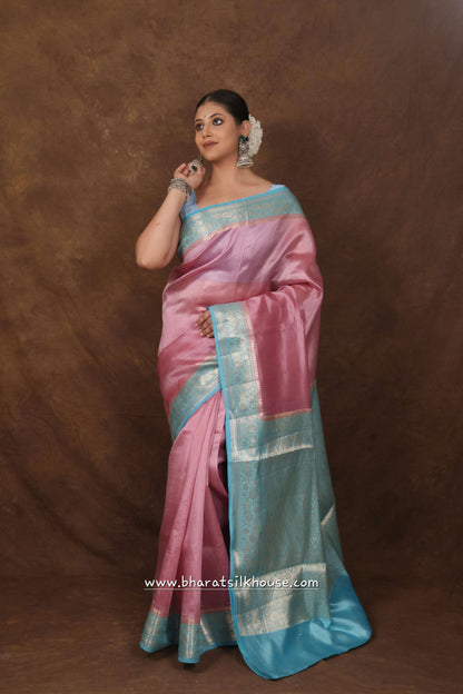 Light Pink With Blue Border Pure Dupion Silk Saree - Bharat Silk House