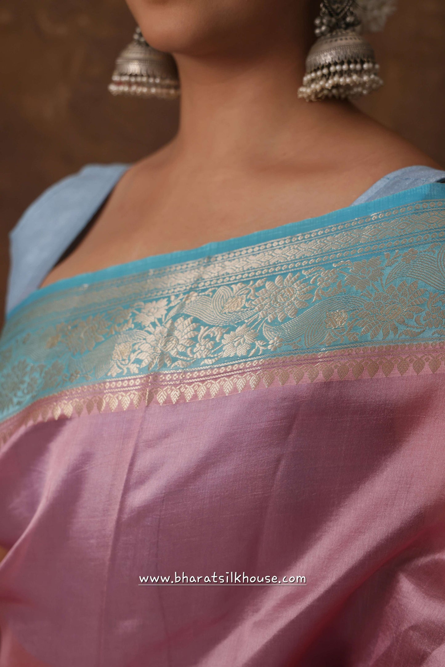 Light Pink With Blue Border Pure Dupion Silk Saree - Bharat Silk House