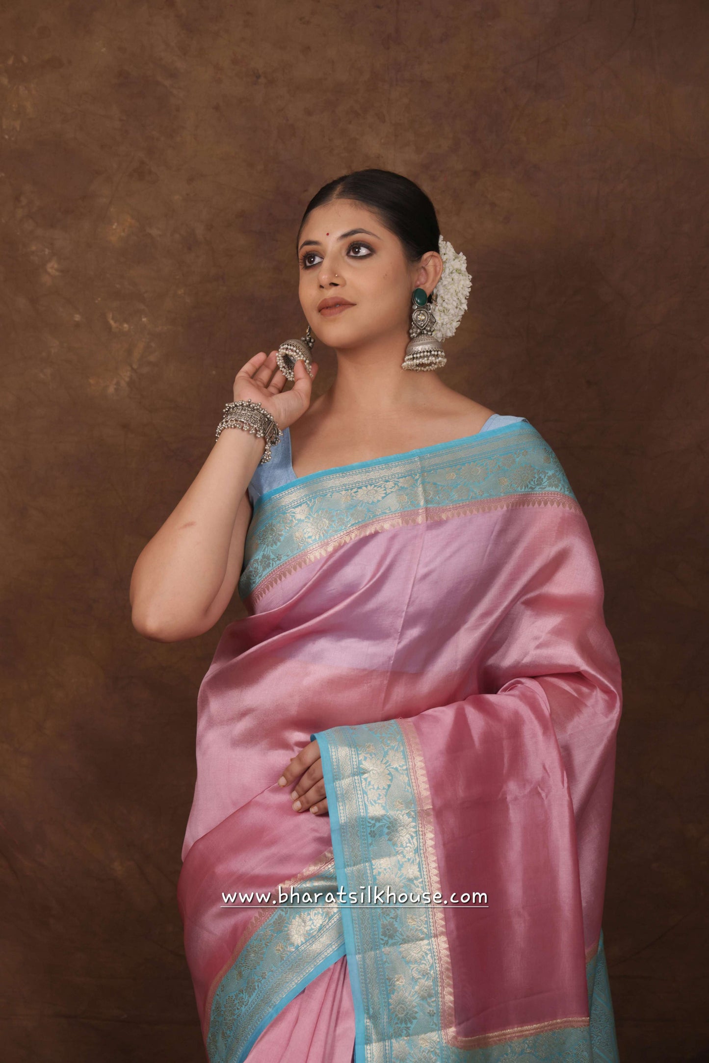 Light Pink With Blue Border Pure Dupion Silk Saree - Bharat Silk House